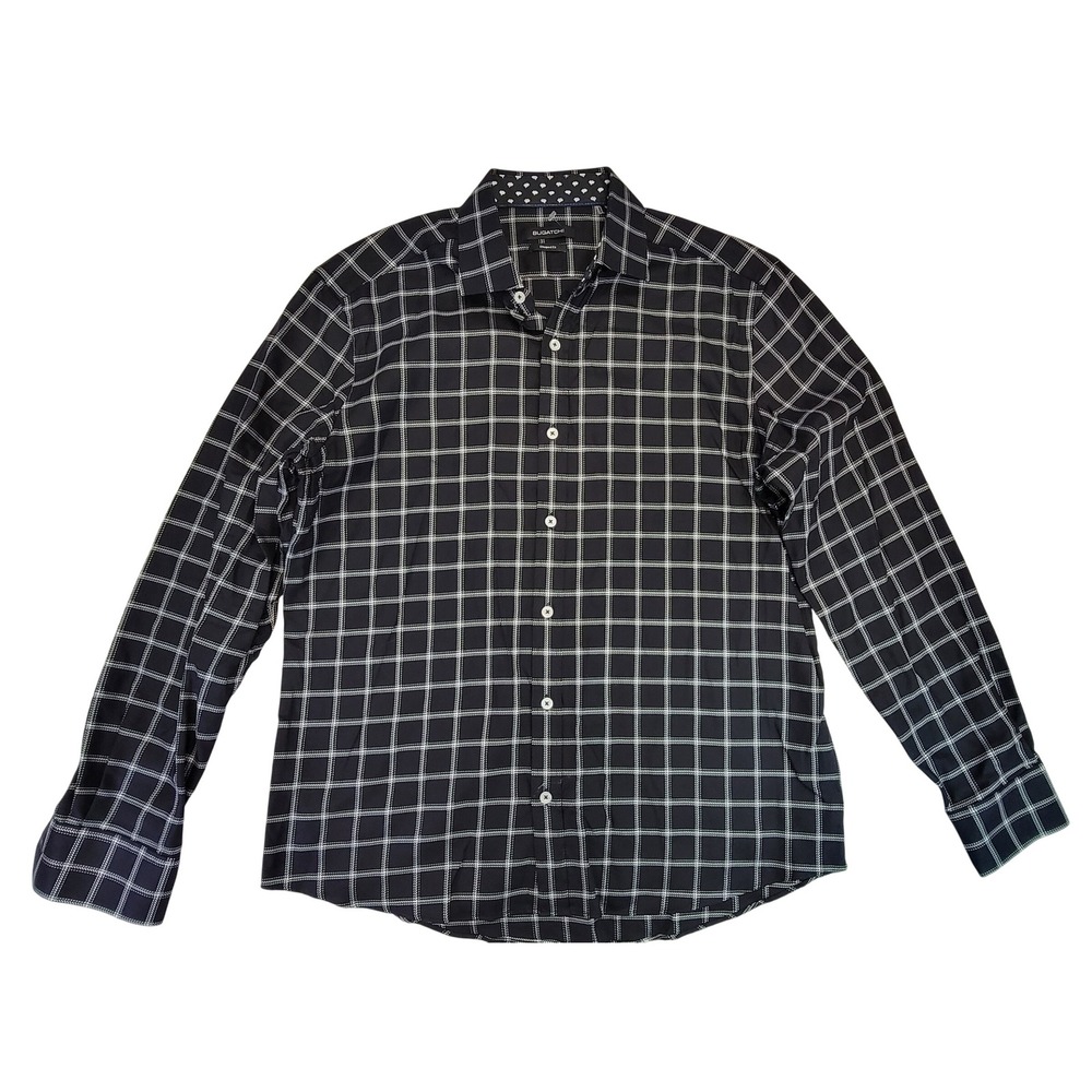 BUGATCHI Men's Black White Grid Check Button Down Shirt Slim Fit Cotton Large